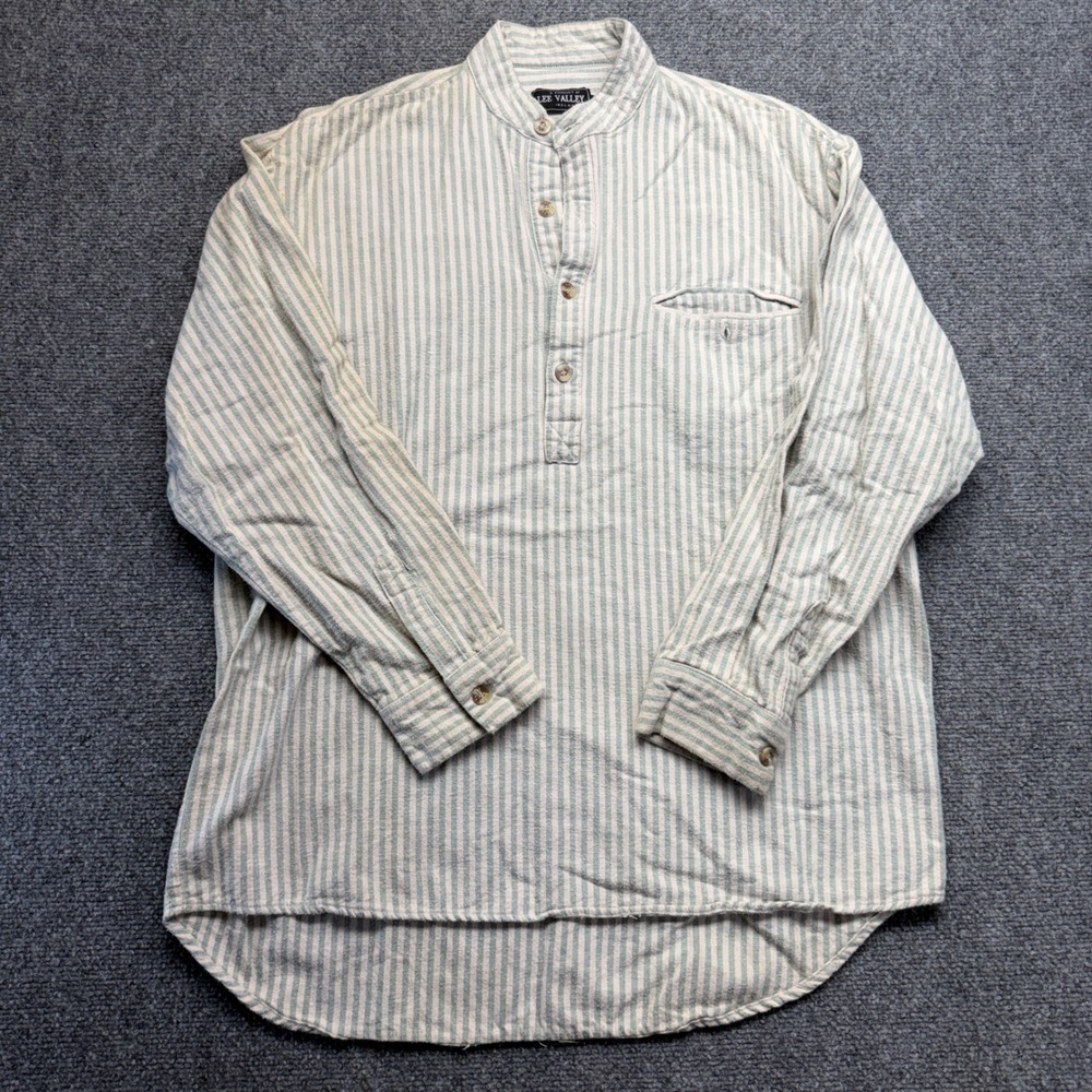 Lee Valley Ireland Mens Flannel Grandfather Shirt Green Stripe Band Collar M